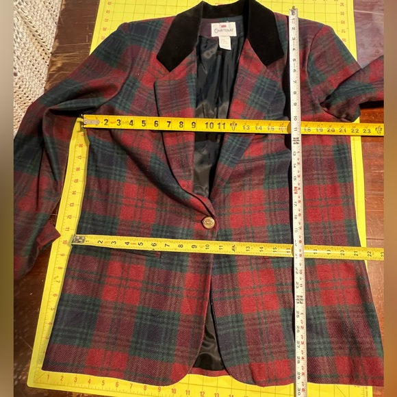 VINTAGE 80s tartan plaid wool blazer suit jacket women’s velvet collar lapel - Picture 9 of 11
